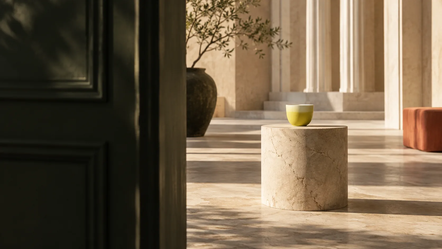 A chartreuse cup on a stone plinth, framed by a dark foreground doorway and sunlit columns in the background.