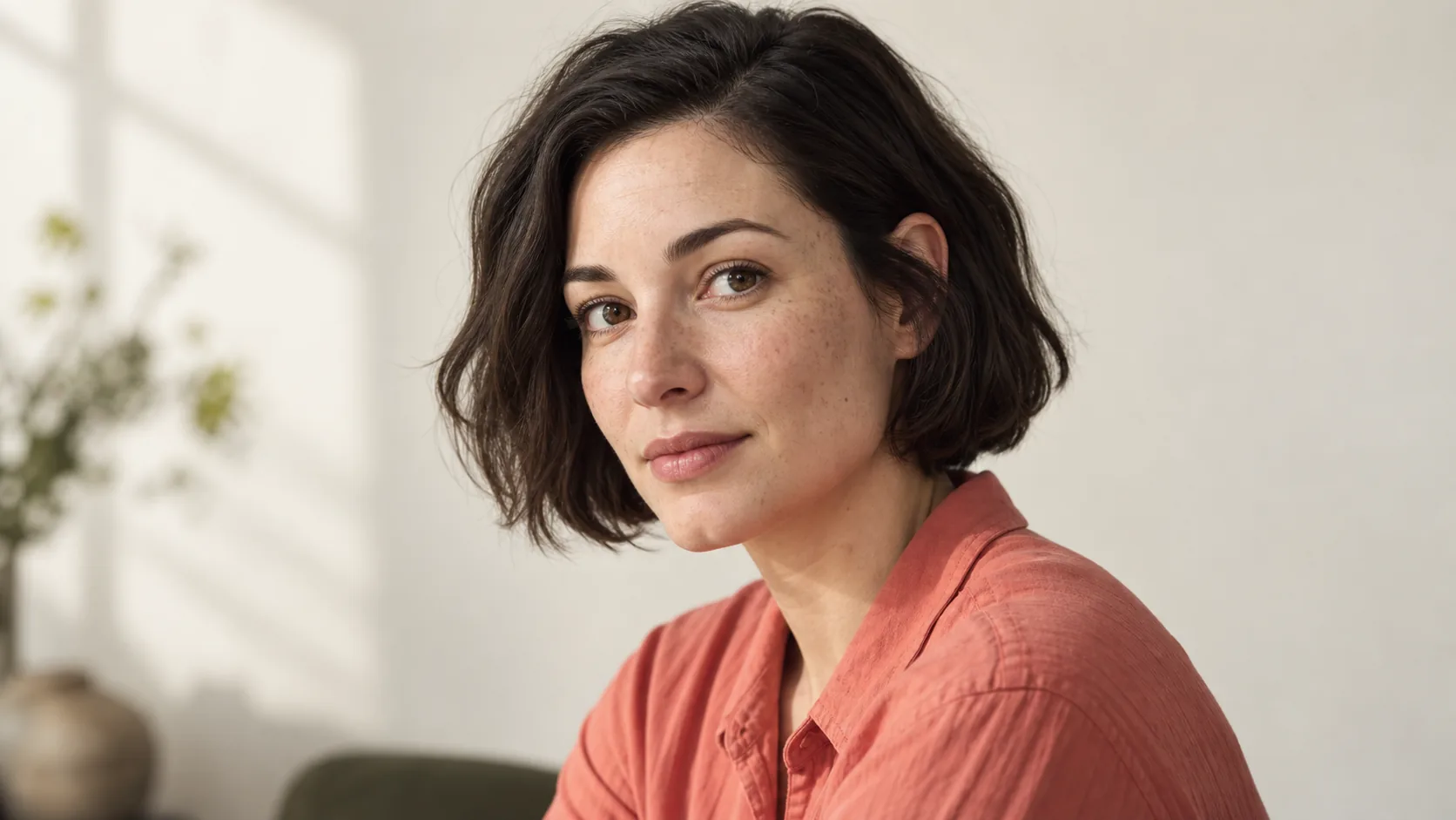 An AI-generated fictional woman with a dark bob, freckles and a coral shirt, lit softly from the side.