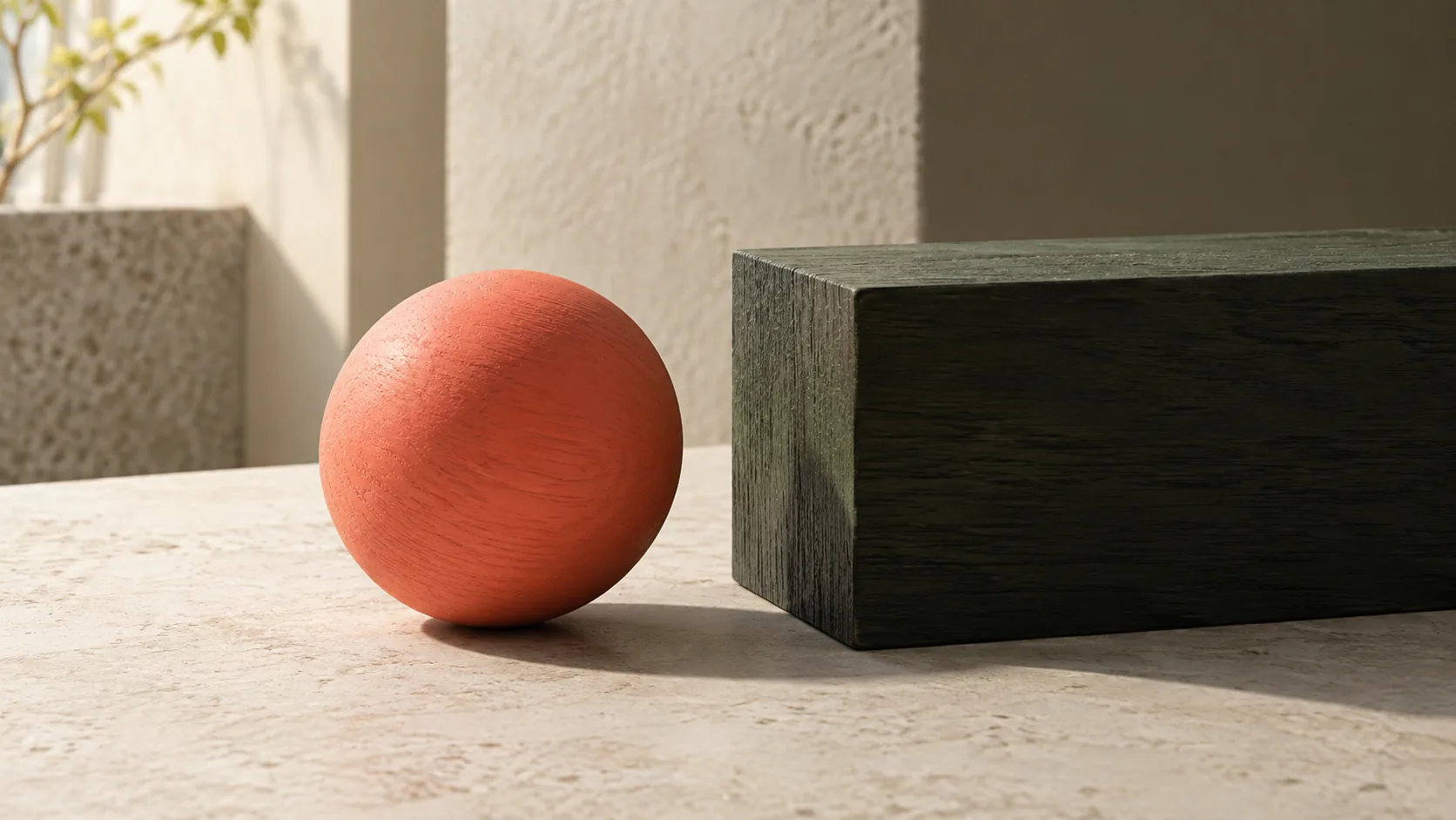 A coral wooden sphere and a dark olive block rest on a cream tabletop with visible contact shadows.